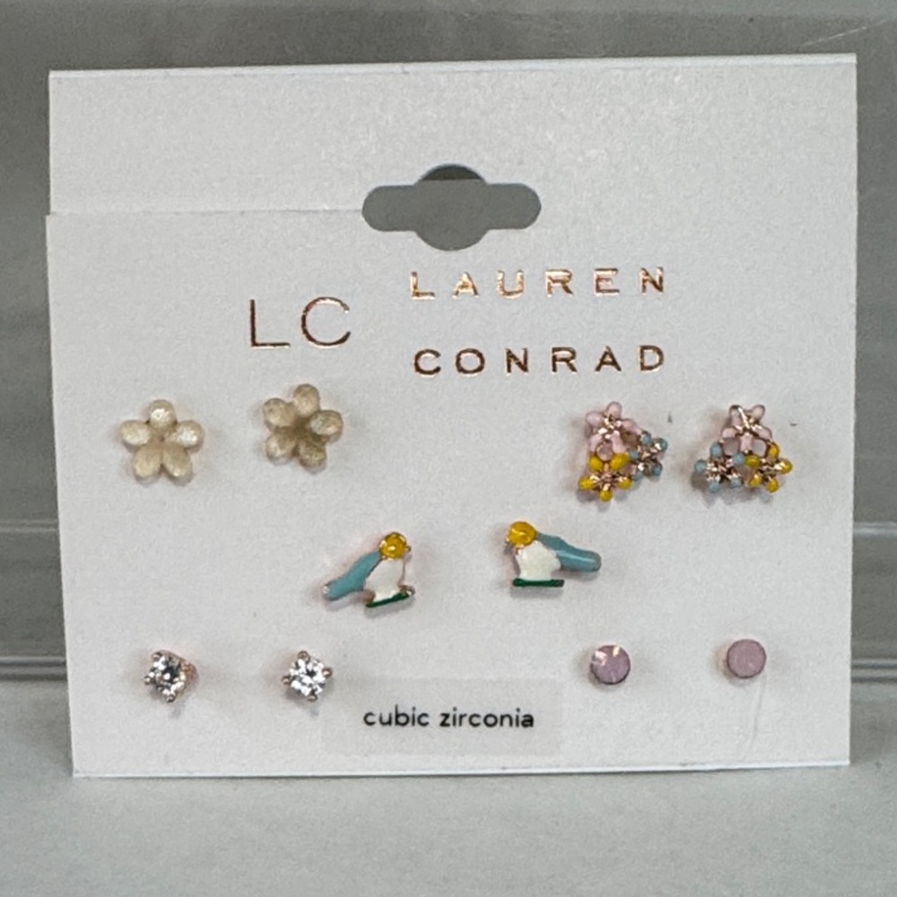 Lauren Conrad-Gold,Pink,Clear Small Stud Earrings-5 Sets-Flowers-Birds-Gift  NWT